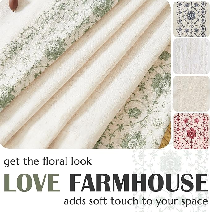jinchan Weslie Boho Curtains for Bedroom Sage Green Vintage Floral Farmhouse Curtains 72 Inches Long Linen Drapes for Living Room Embroidered Drapes Light Filtering Sage on Beige 2 Panels