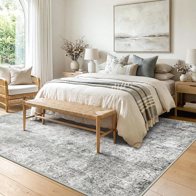 RELEANY Washable Area Rugs 10'x14 Non-Slip Modern Abstract Soft for Living Room Entryway Bedroom Kitchen, Print Pattern, Gray White Grey