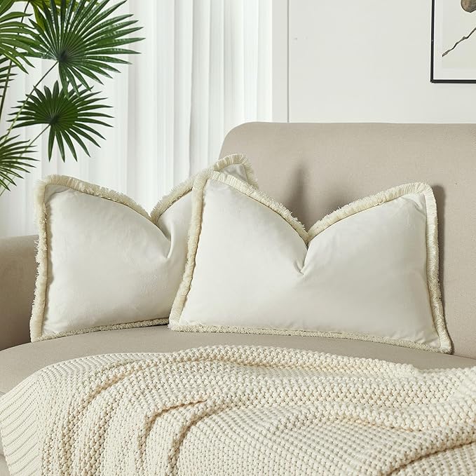 JUSPURBET Pack of 2 Cream Decorative Fringe Velvet Lumbar Throw Pillow Covers 12x20 for Home Decor Living Room Bedroom Car Boho Soft Cushion Cover with Hidden Zipper Machine Washable