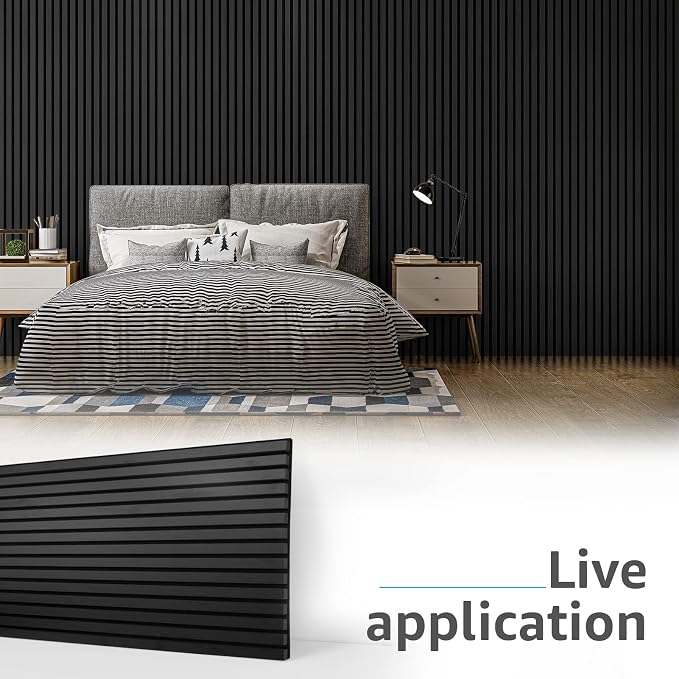 Art3d 2 Wood Slat Acoustic Panels for Wall and Ceiling - 3D Fluted Sound Absorbing Panel with Wood Finish - Matte Black