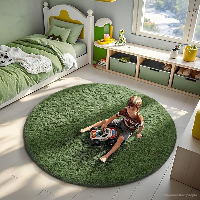Ophanie Round Rug 6Ft Grey Green Circle Area Rug, Grayish Green Room Decor, Fluffy Fuzzy Bedroom Carpet, Plush Soft Shaggy Living Room Rugs for Decor Aesthetic, Nursery with Over 99 pcs Pile fibers