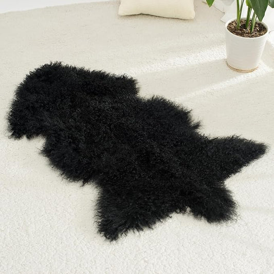 100% Genuine Sheepskin Area Rug Real Lightweight Fluffy Soft Mongolian Long Wool Fur Carpet for Couch Bed Sofa Bedroom Living Room Black 2x3ft