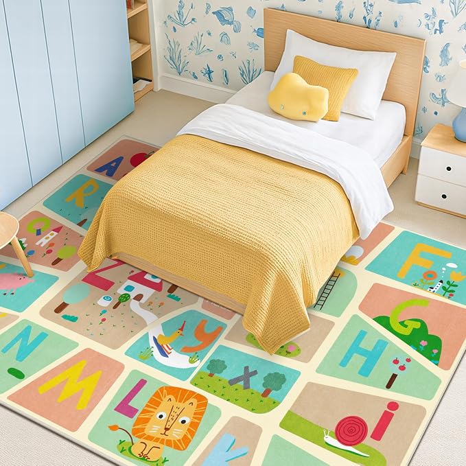 Huge ABC Alphabet Classroom Rugs Elementary – 9x12 School Rug for Kids, Washable & Wipeable Large Floor Carpet, Soft & Non Skid Design with Educational Letters and Whimsical Cartoon Art Decor