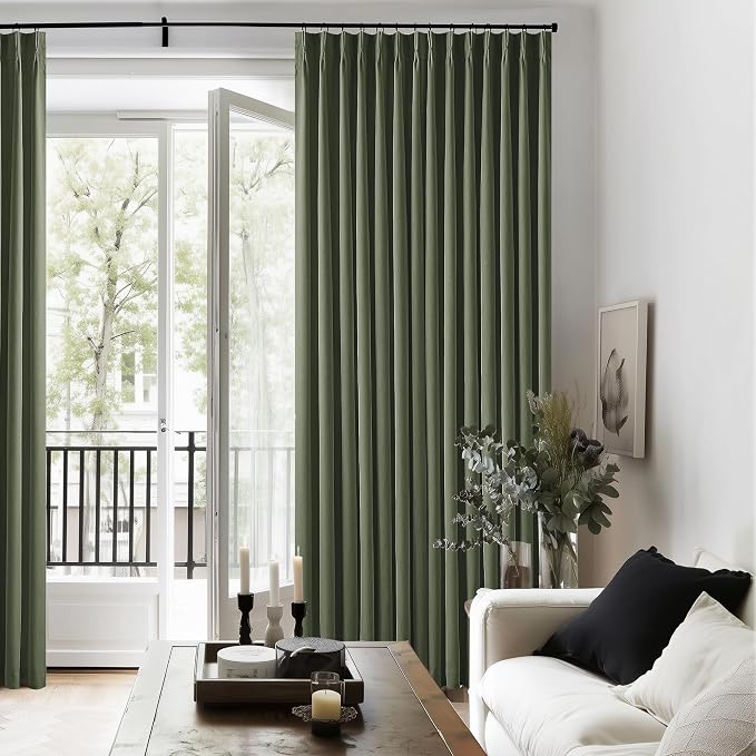 Olive Green Pinch Pleated Full Blackout Curtains Linen Blend Room Darkening Window Curtains 80 Inch for Living Room Bedroom Thermal Insulated Back Tab Pinch Pleat Drapes with Hooks Rings 2 Panels