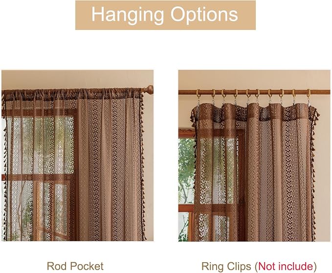 Sutuo Home Dark Coffee Boho Lace Curtains 108 inches Long for Bedroom Living Room, Caramel Sheer Window Curtains Bohemian Crochet Privacy Vintage Tassels Cottagecore Decor Rod Pocket,2 Panels 50" W