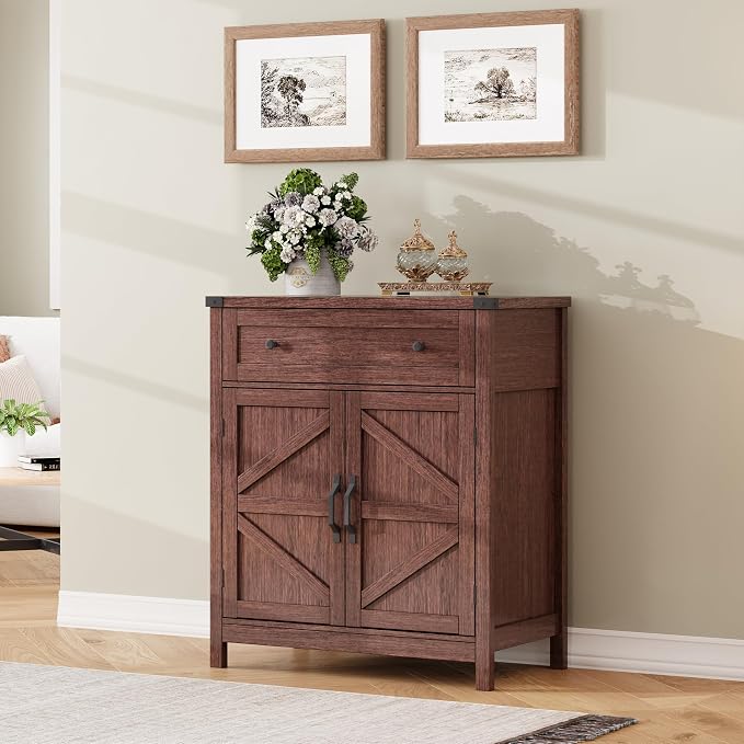 ChooChoo Kitchen Storage Cabinet, Coffee Bar Cabinet, Farmhouse Buffet Sideboard with Drawer for Kitchen, Living Room, Walnut