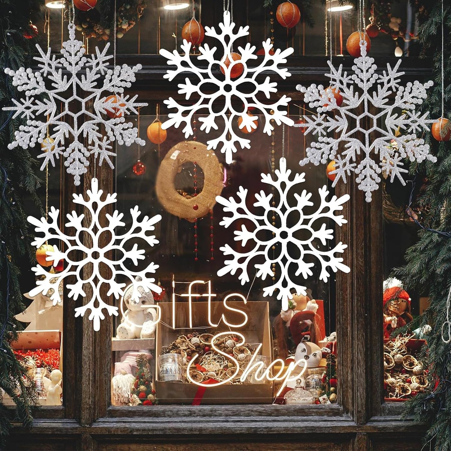 12pcs Large Christmas Snowflakes Decorations, 12" Big Plastic Glitter White Sliver Snowflake Ornaments for Winter Indoor Outdoor Christmas Tree Holiday Window Room Decor Craft Snowflakes