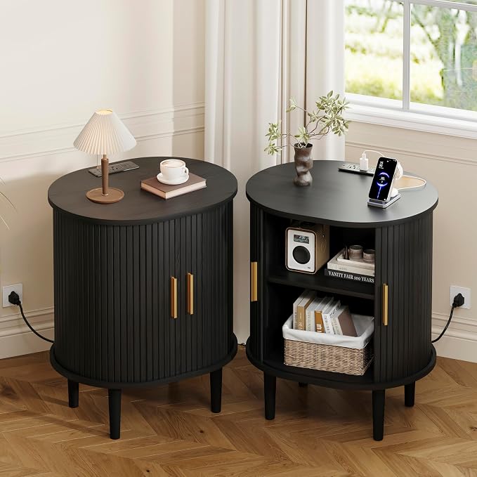 DHH Mid Century Modern Nightstand with Charging Station, Fluted Accent Side Table with Sliding Door & Adjustable Shelf, End Table for Small Space, Living Room, Bedroom,Sofa Couch (1, Black)