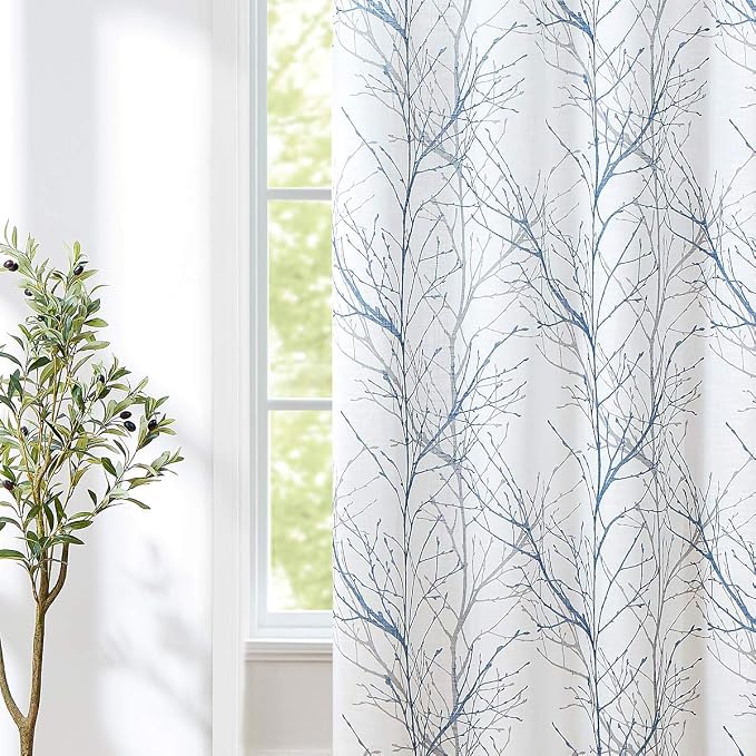 FMFUNCTEX White Blue Sliding Door Curtain 96 Inches Long Tree Branch Semi Sheer Patio Glass Door Panel for Large Windows Living Room Linen Texture Curtain Drapes for Privacy 1Panel