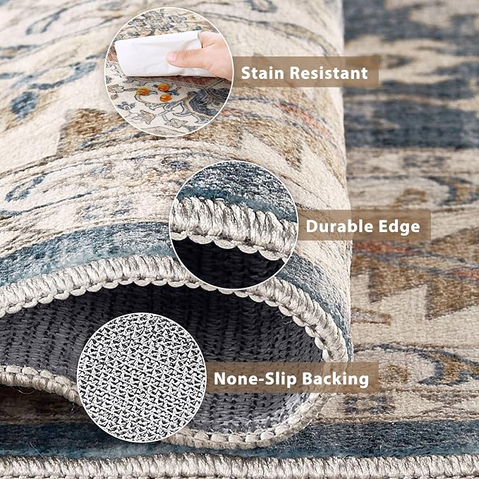 Vintage Hallway Runner Rug 3x12: Large Soft Washable Entryway for Kitchen Laundry Room Non-Slip Backing Runner for Entrance Living Room Bedroom Bathroom - Vintage Blue