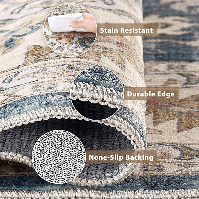 Vintage Hallway Runner Rug 3x12: Large Soft Washable Entryway for Kitchen Laundry Room Non-Slip Backing Runner for Entrance Living Room Bedroom Bathroom - Vintage Blue