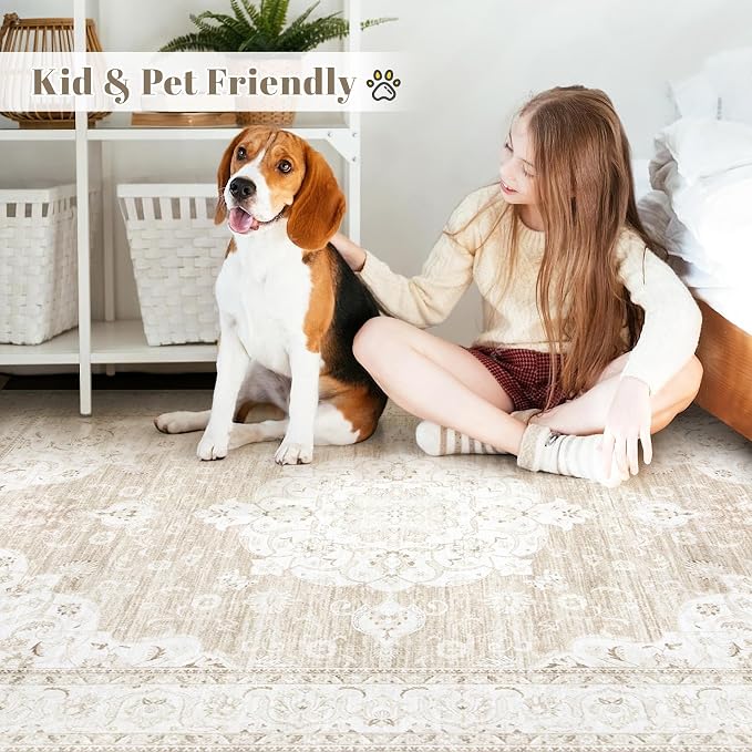 Vintage Living Room Area Rug - 9x12 Large Machine Washable Boho Moroccan Rug Distressed Farmhouse Rugs for Bedroom - Soft Non-Slip Indoor Carpet for Dining Room Office Nursery(Boho Beige, 9'x12')