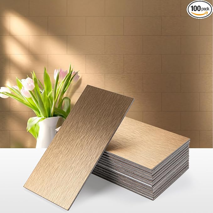 Vamos Tile 100-Piece Peel and Stick Backsplash Seamless Tile,3''x6'' Brushed Rose Gold Metal Subway Tile,Stick on Backsplash for Kitchen/Bathroom/Laundry Room