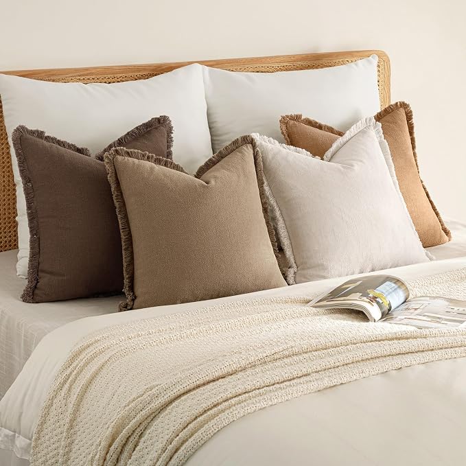 MIULEE Decorative Couch Pillow Covers Neutral Linen Fringe Throw Pillows Set of 4 Accent Rustic Cushions Boho Farmhouse Pillowcases for Bed Sofa Living Room Spring Home Decor 18x18 Inch Neutral Brown