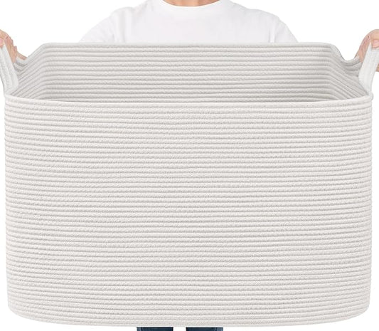 Goodpick 105L Extra Large Blanket Basket 25" x 16" x 16" Cotton Rope Storage Bins for Dirty Clothes, Rectangle Woven Baskets for Living Room Home Decor, Toy Baskets Storage Kids, White