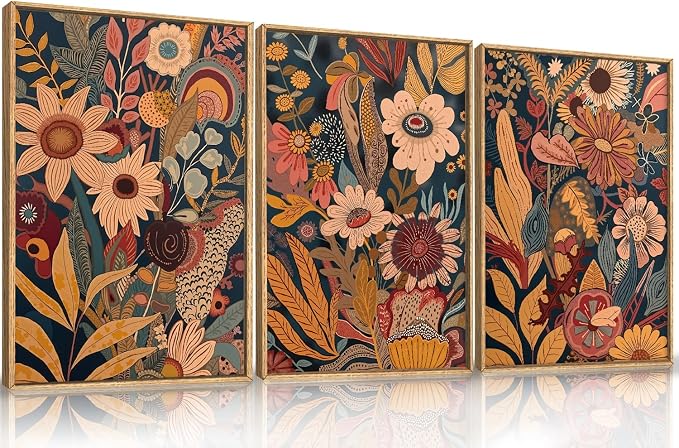 HOURIA Large Orange Flower Framed Canvas Wall Art Set,Boho Mid Century Modern Floral Botanical Wall Decor,Retro Vintage Blossom Artwork,Neutral Plant Art Print for Living Room,Bedroom,Office-16"x24"x3