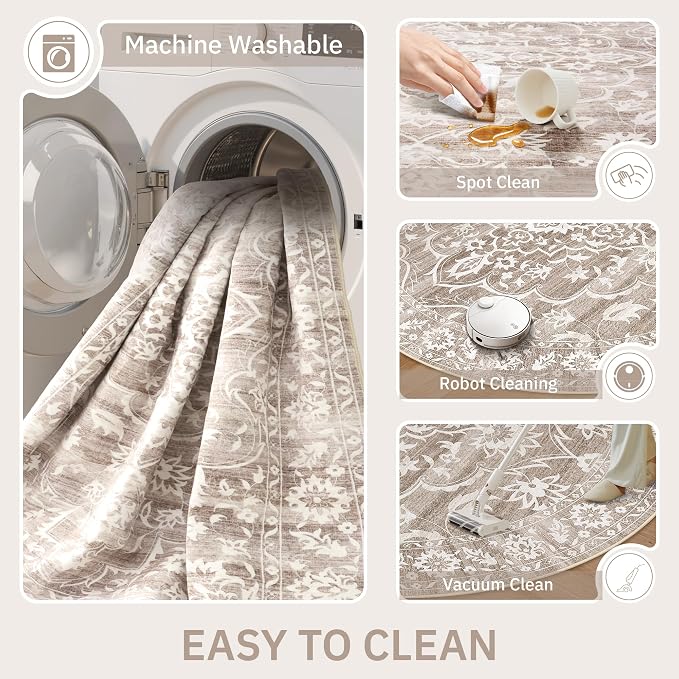 Soalmost Washable Round Rug 6ft for Living Room,Soft Circle Rug Light Brown | Vintage Floral Ultra-Thin Non-Slip 6x6 Round Throw Carpet for Entryway Nursery Bedroom Kitchen Dining Room 6'Round