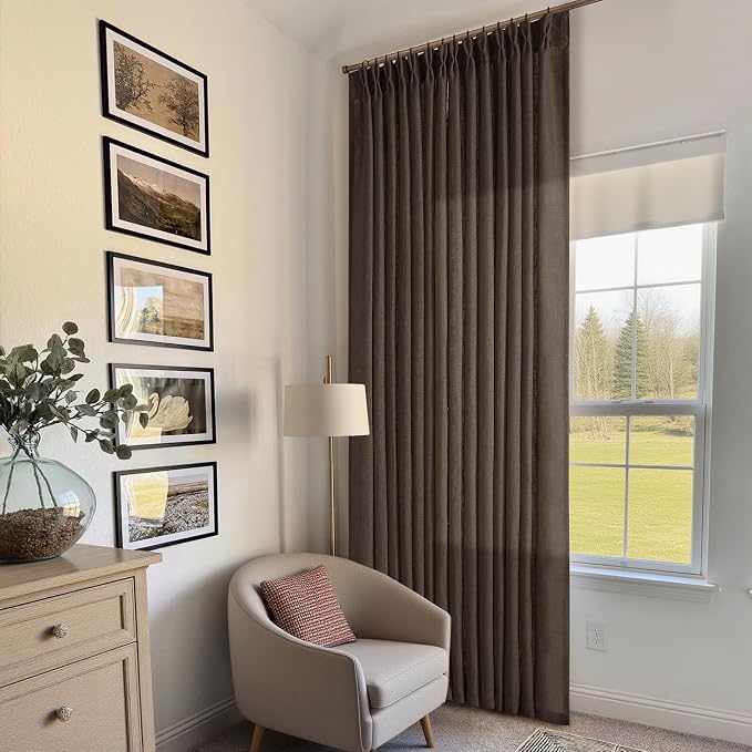TWODRAPES Dark Chocolate Pinch Pleated Linen Curtains 2 Panels for Living Room Bedroom Memory Training Shaped Semi Sheer Pleat Drapes with Hooks Rings Light Filtering Window Curtain 40x102
