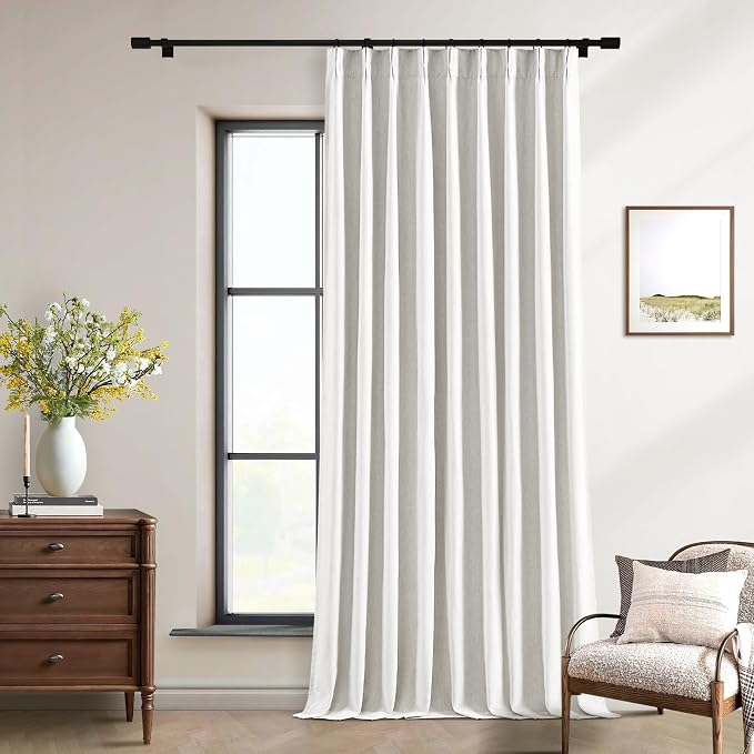 Extra Wide Blackout Linen Curtains 84 Inch Length 60 Inch Wide for Living Room Pinch Pleated Back Tab Farmhouse Bedroom Thermal 100% Black Out Window Drapes Energy Efficient 60x84 Beige White 1 Panel