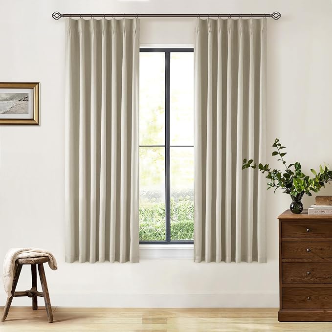 Greyish Beige Black Out Curtains 63 Inch Long for Bedroom Pinch Pleated with Rings Hooks Back Tab Thermal Insulated Short Linen Blackout Drapes Farmhouse Living Room Darkening Kitchen Curtains