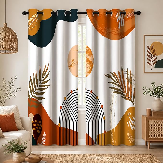 Boho Tropical Window Drapes, Mid Century Blackout Curtain Leaves Abstract Aesthetic Art Darkening Thermal Insulated Grommet Window Curtain for Living Room Bedroom Decor 2 Panels 52"x84" Inches