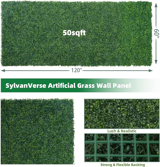 Artificial Boxwood Roll, 60x120 in(50 sqft) UV-Anti Faux Ivy Hedge Grass Wall Panels for Patio and Balcony Privacy, Fake Greenery Backdrop Decor for Fence, Garden, Backyard