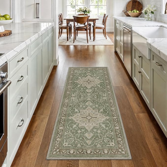 GENIMO 2x3 Rug Non Slip Backing Low Pile Washable Indoor Mat for Kitchen Entryway Bathroom, Front Door Mat Machine Washable Floral Medallion Sage Green