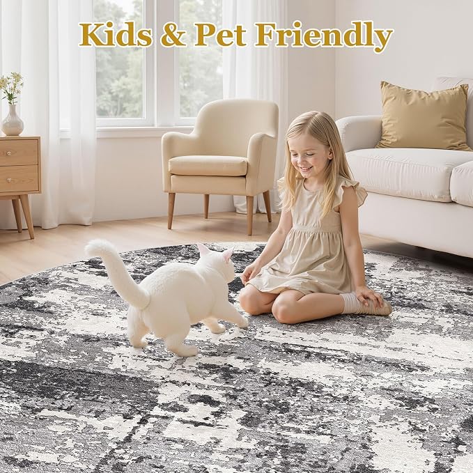 Area Rugs for Living Room: 10x10 Abstract Washable Rug Modern Neutral Large Soft Stain Resistant Non-Slip Backing Machine Table for Bedroom Dining Room Indoor Home Office Carpet - Black Grey