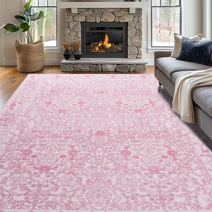 Vintage Pink Living Room Rug, 8x10 Washable Area Rugs for Dining Room Under Table, Soft Low Pile Large Carpet Bedroom, Non-Slip Boho Floral (8 x 10 Pink)