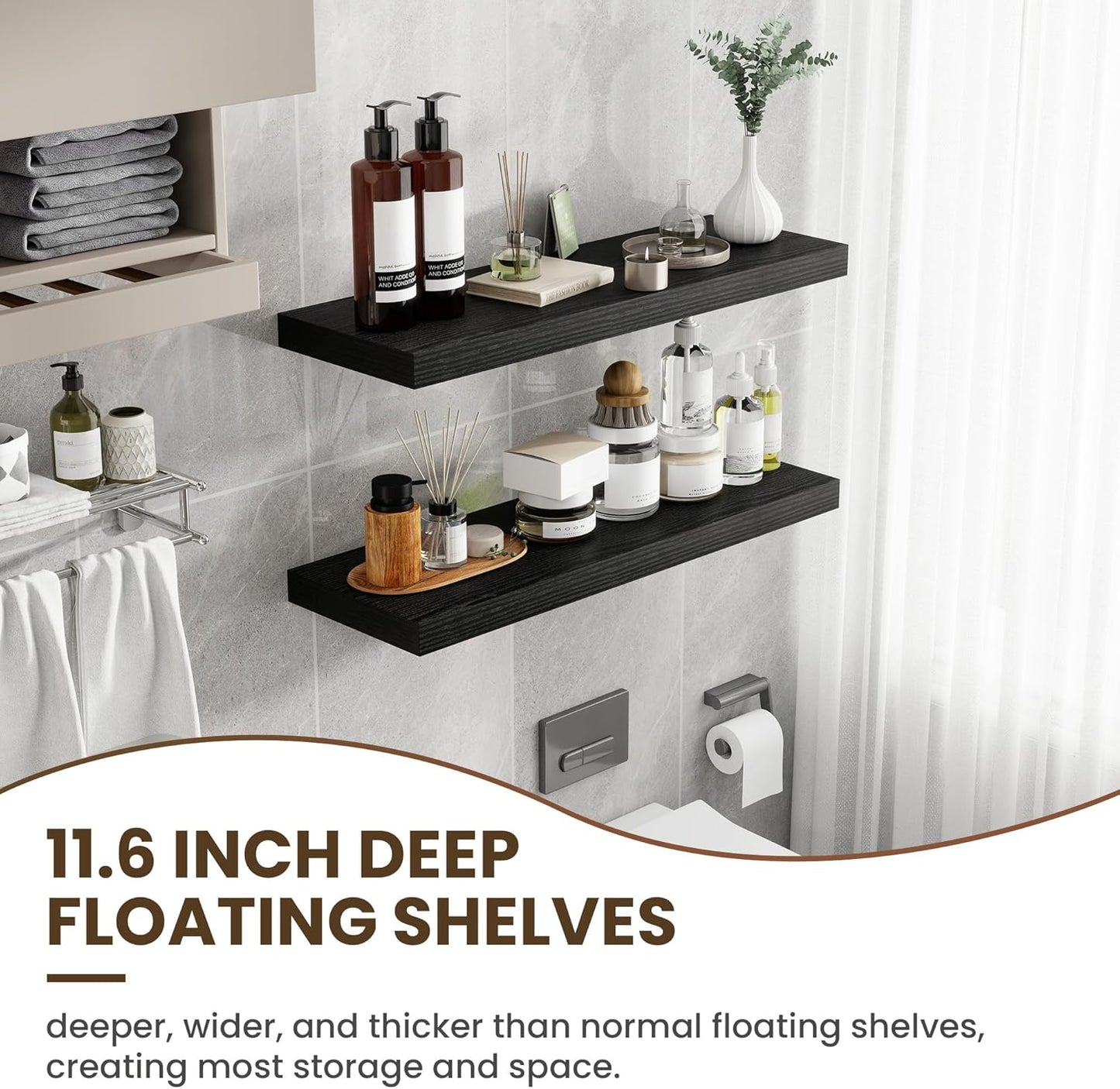 36 Inch Floating Shelves, 11.6 Inch Deep Floating Shelves for Wall, Floating Shelf with Invisible Brackets, Deep Shelves for Bathroom, Bedroom, Living Room, 2 Pack, Black
