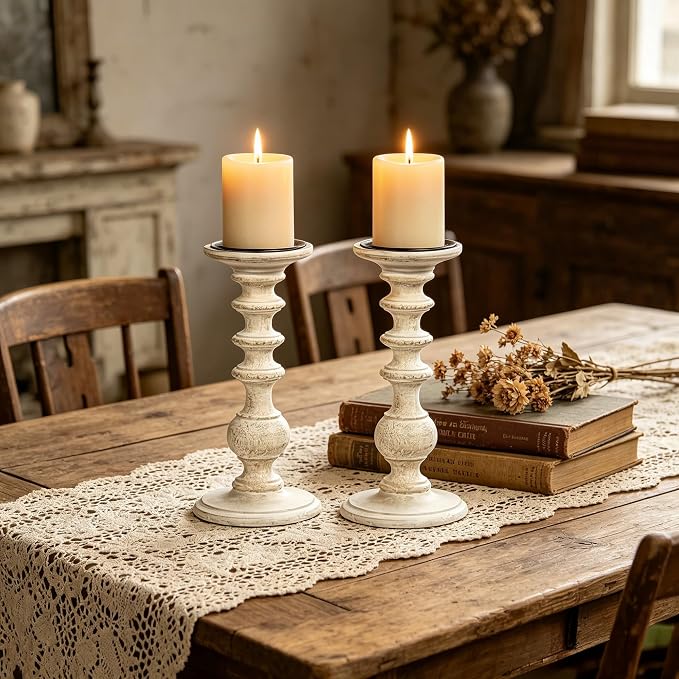 Hosley Set of 2 White Wooden Pillar Candle Holder 11 Inch High Country Style Ideal for Weddings or Parties as Well as Home Decor