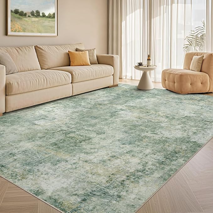 Tortania Washable 8x12 Area Rug for Living Room: Modern Abstract Neutral Large Soft Thin Rugs - Non Slip Indoor Carpet for Bedroom Dining Room Office Nursery Home Floor Decoration - Olive Green