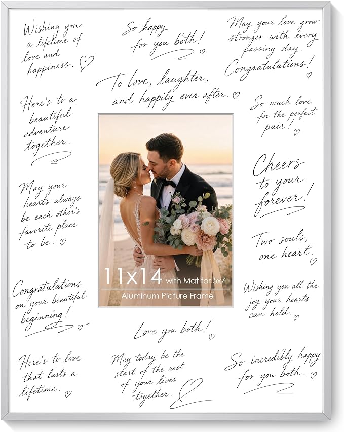 Signature Picture Frame 11x14, Aluminum Signable Frame with Mat, Silver | Sleek Silver Signable Frame with 5x7 Opening for Wedding, Graduation, Birthday & Baby Shower Guest Book | Wall Kit Included