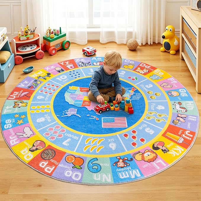 Kids Rugs for Playroom - Soft & Non-Slip 4x4 Feet Round Educational Rug for Learning ABC Alphabet, Numbers, Shapes & Map, Washable Classroom Rug for Bedroom Nursery & Kids Room Decor