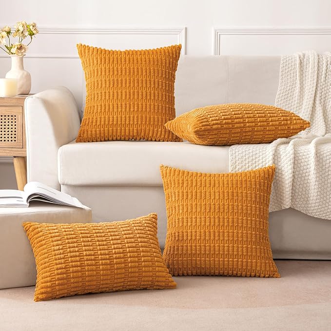 MIULEE Fall Pack of 2 Burnt Orange Corduroy Decorative Lumbar Pillow Covers 20x12 Inch Soft Boho Striped Throw Pillow Covers Modern Farmhouse Home Decor for Sofa Living Room Couch Bed