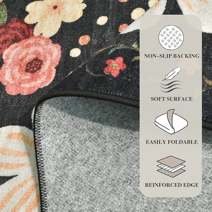 5x7 Washable Area Rug for Living Room, Floral Non-Slip Non-Shedding & Easy Care, Soft Low Pile Boho Indoor Floor Carpet for Living Room, Bedroom, Farmhouse, Dining Room, Kids Playroom, Black