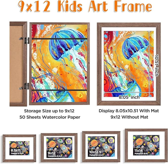 KINLINK 9x12 Kids Art Frame 2 Pack, Solid Wood Artwork Frames Changeable, Front Opening Hold 150 Pictures, Art Frames for Kids Artwork, 8.5x11 with Mat 9x12 without Mat, Picture Frames Brown Wood