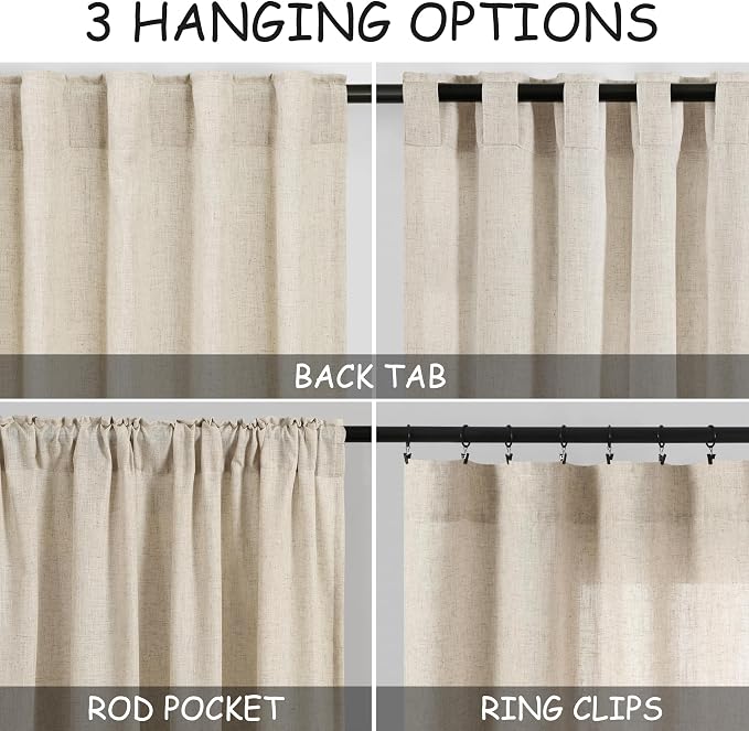 Nanspring Beige Semi Sheer Linen Curtains 72 inch Length for Living Room Back Tab Rod Pocket Modern Farmhouse Coastal Decor Beige Cotton Textured Gauze Curtains for Dining Room Office 38x72