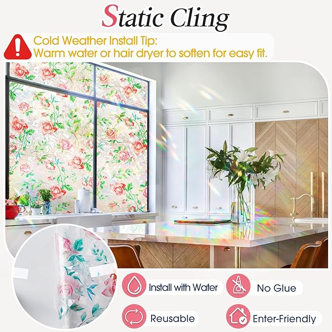 Coavas Window Privacy Film, Rainbow Stained Glass Decorative Window Clings, Anti-UV Heat Control Static Cling, Non-Adhesive Windows Tint for Home Bathroom Door, 29.5 x 78.7 Inches