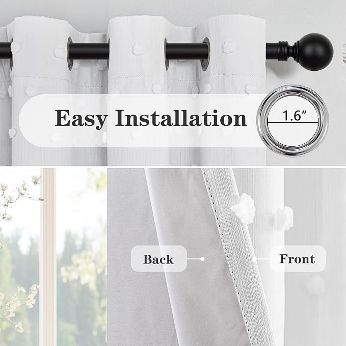 MEETSKY White Blackout Curtains for Kids Bedroom 95 Inch Length 2 Panels,Thermal Curtain Full Light Blocking Grommet Window Curtains with White Pom Pom for Living Room/Nursery Bedroom,52" W x 95" L