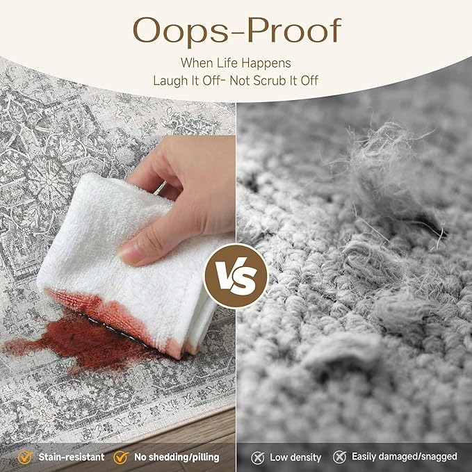PureCozy Gray 5x7 Area Rug Washable Vintage Living Room Carpet Non Slip Retro Distressed Low Pile Soft Oriental Medallion Thin Grey Throw Rug for Kitchen Bathroom Office Bedroom Dining Room