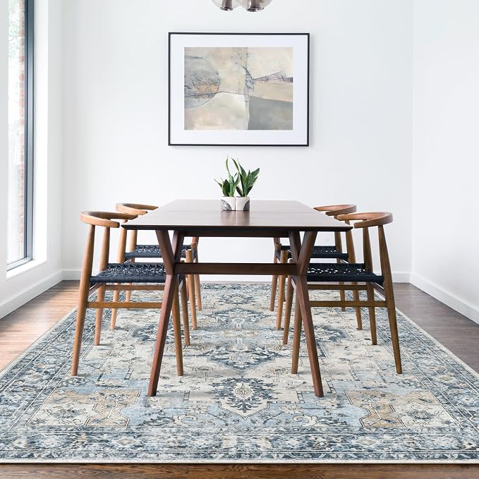 GENIMO 5x7 Area Rugs for Living Room, Machine Washable Rug, Non Slip Vintage Rugs, Low Pile Lightweight Chenille Print Indoor Rug for Bedroom, Dining Room, Home Office, Blue