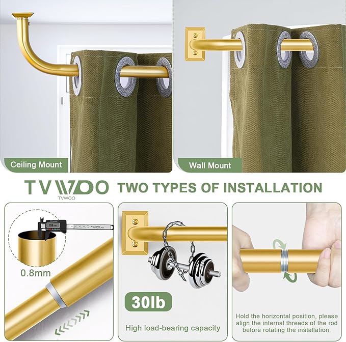 TVWOO Gold Wrap Around Curtain Rods 2 Pack:Blackout Adjustable Window Curtain Rod,Room Darkening Heavy Duty Curved French Metal Single Drapery Rods for Bedroom Kitchen Easy Install,Brass Gold 28-48"