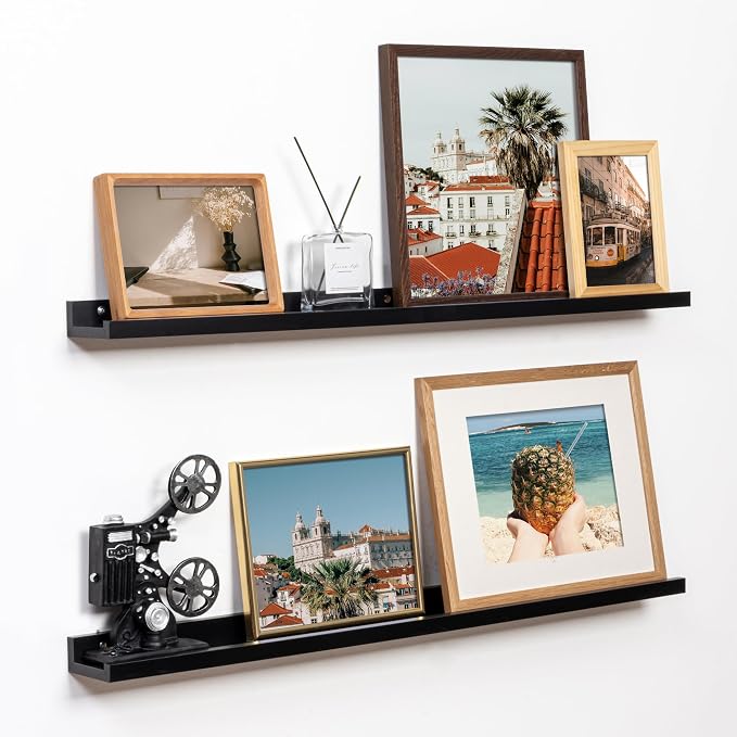 Fun Memories Picture Ledge Shelf, 32 Inch Floating Shelves Set of 2, Large Nursery Book Shelves for Toys Storage, Kids Bookshelf Wall Mounted for Wall Decor Books Photo Frames, Black