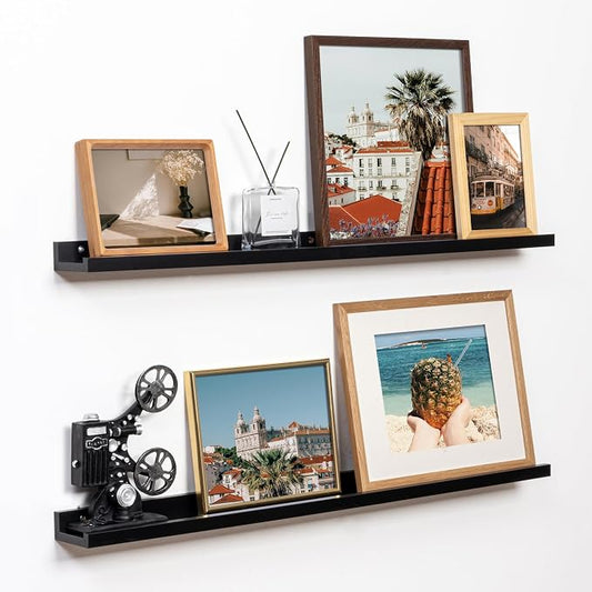 Fun Memories Picture Ledge Shelf, 32 Inch Floating Shelves Set of 2, Large Nursery Book Shelves for Toys Storage, Kids Bookshelf Wall Mounted for Wall Decor Books Photo Frames, Black