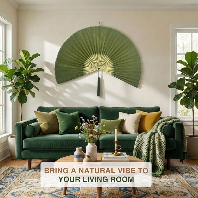 SUCHUBU Bi-Color Green White Wall Fan, 47" Handwoven Bamboo Decor, Large Japanese Hanging Fan, Botanical Asian Wall Art, Modern Boho Living Room Accent (Greenwhite, Large)