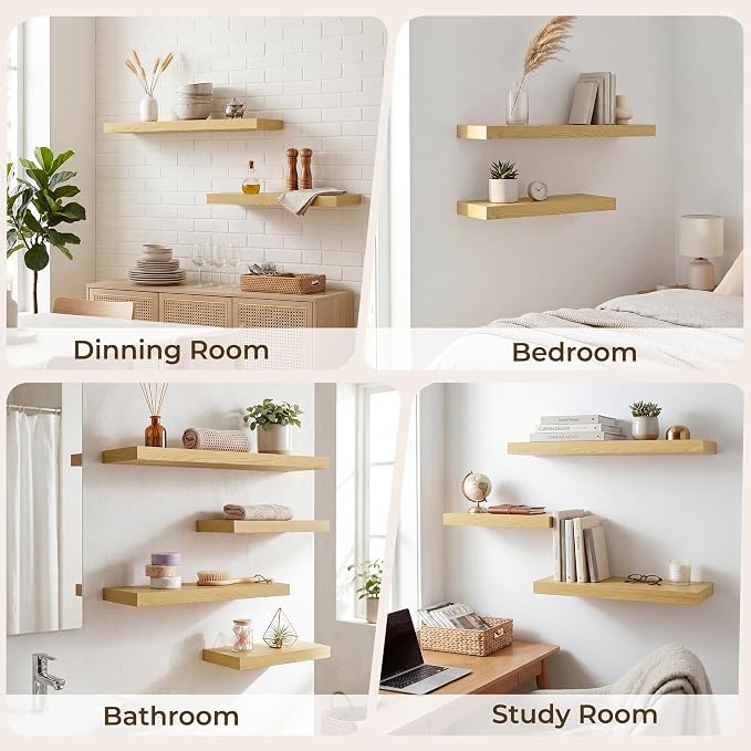 RICHFOCUS 28Inch Floating Shelves for Wall 2 Pack Shelves for Bedroom|Kitchen|Bathroom|Laundry Room Rustic Wood Wall Mounted Shelf with Invisible Brackets for Books|Storage|Decor, Oak