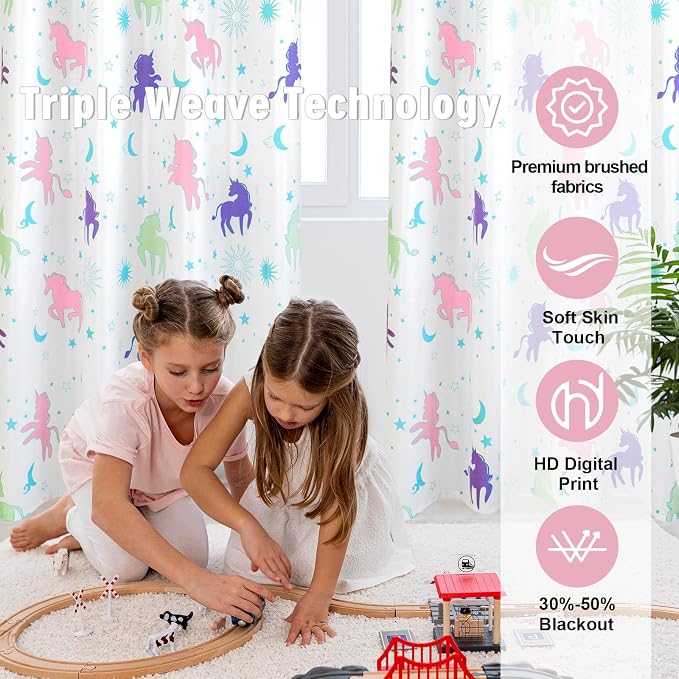 Unicorn Curtains for Girls Bedroom Decor, Glow in The Dark Pastel Princess Pink and Purple Colorful Star Room for Teen or Toddler Babys Kids Kawaii Rainbow Window Cute Classroom 2 Panels