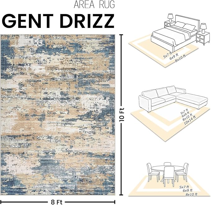 Area Rugs 8x10 Living Room: Large Soft Washable Rug Modern Abstract Anti-Skid Non-Shedding Carpet Indoor Floor Thin Carpets for Bedroom Dining Room Farmhouse Nursery Home Office Brown Blue