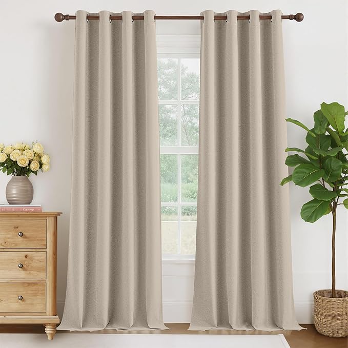 NICETOWN 100% Blackout Linen Curtains 96 inches Long, Crisp Faux Linen Curtains for Living Room, Bedroom, 2 Panels, 52" Wide, Farmhouse Style Thermal Insulated & Privacy Protection Draperies, Natural